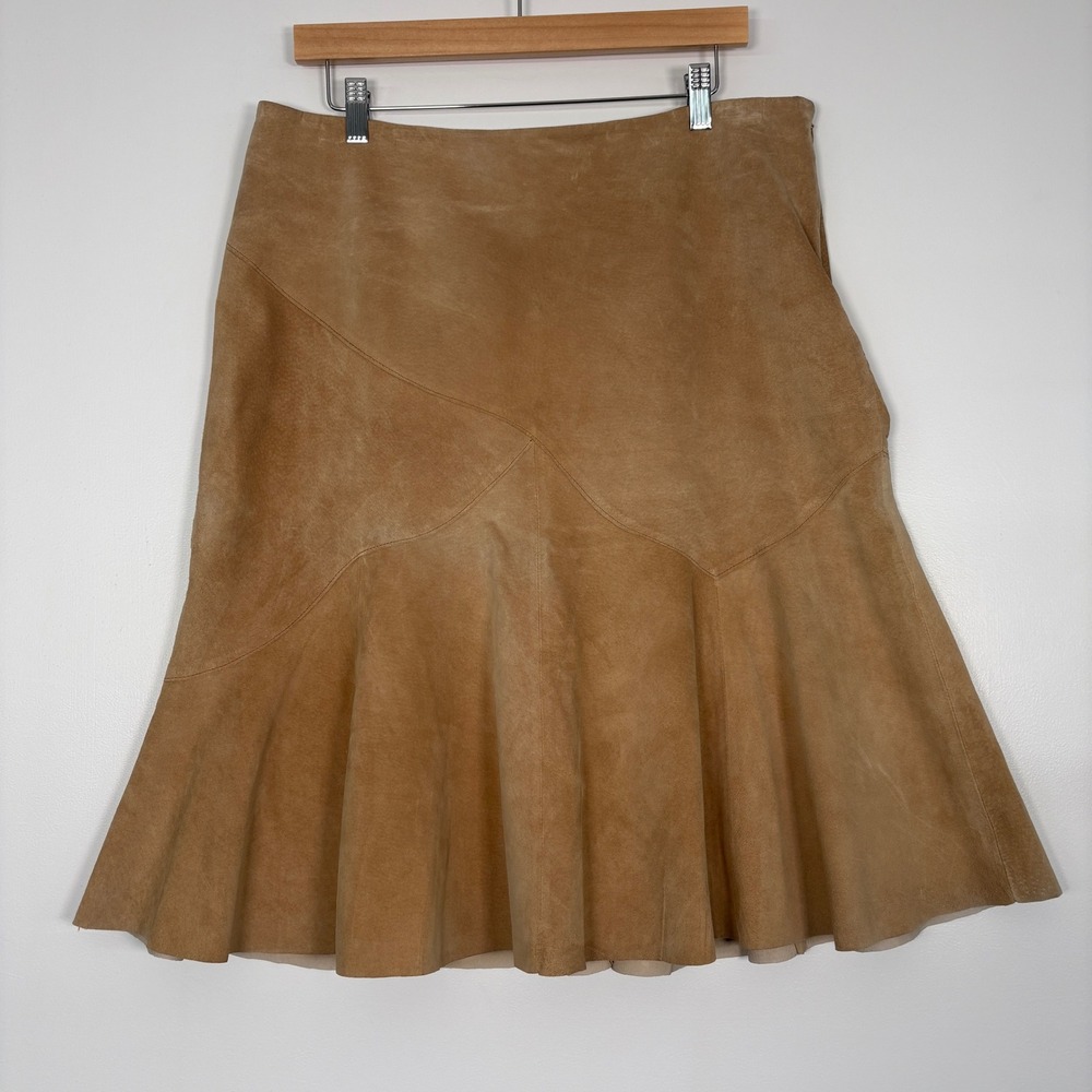 Ideology Womens Skirt 14P Tan Suede Leather Flared Wavy Seam Petite